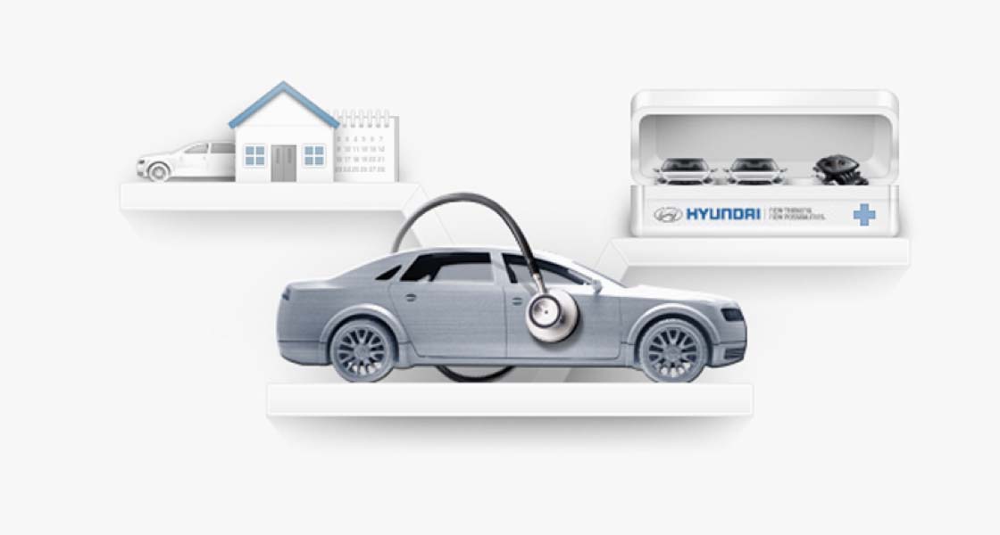 There are 3 shelves on the illustration. The center has a car with a stethoscope, the left has a car, a house and a calendar. Also the right has cars on a kit.