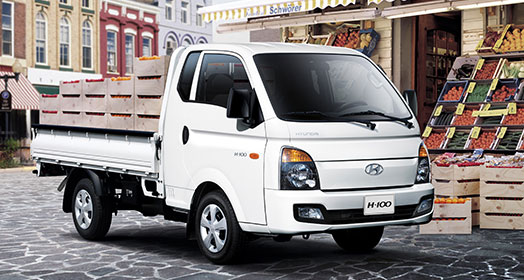 Side-front view of white H-100 parked in front of fruit market in the city