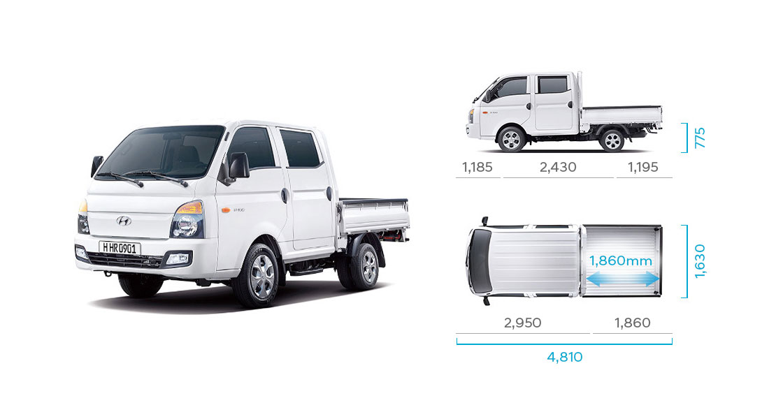 H-100's side and top view illustration with those size describing long wheel base double cab (low type rear deck)